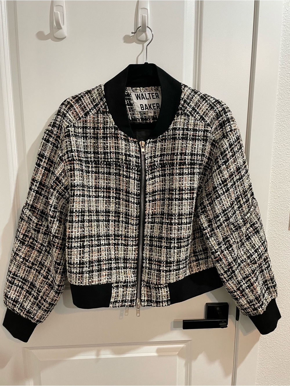 Walter Baker Black & White Tweed Bomber Jacket with Rib Trim